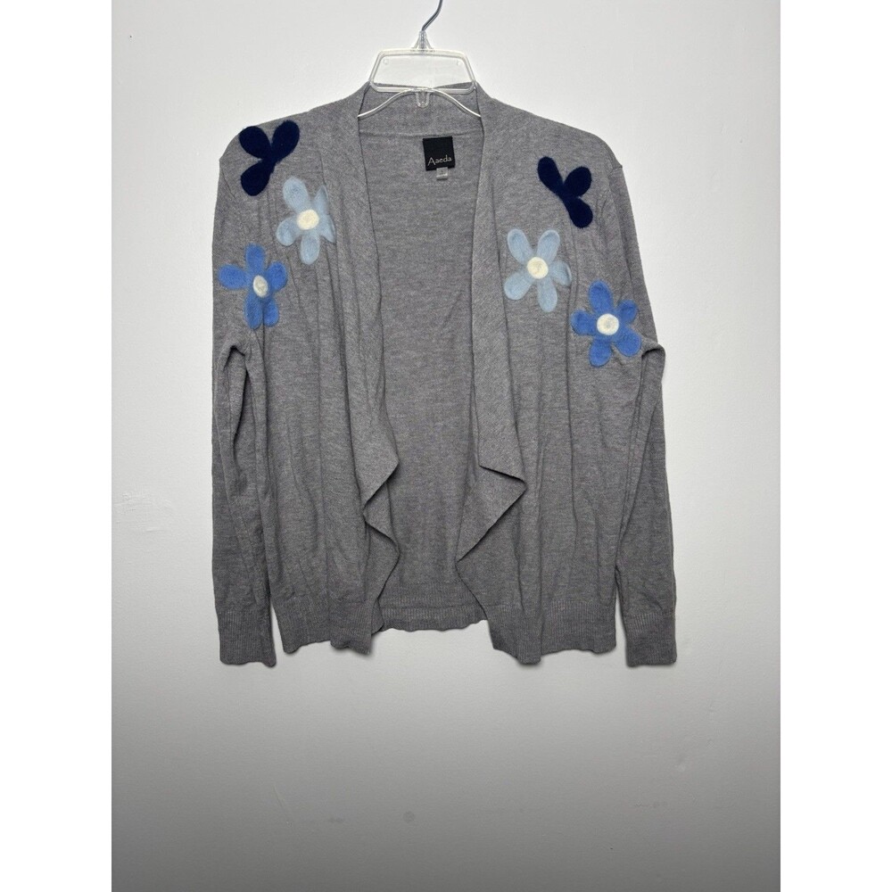 Aaeda Gray Cardigan w/ Blue Overlay Flowers Women’s L Cottage Fairy Soft
